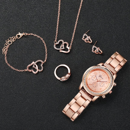 6 pezzi/set orologio da donna moda strass cinturino in acciaio inossidabile orologio al quarzo doppio cuore set di gioielli (senza scatola) platinumshop