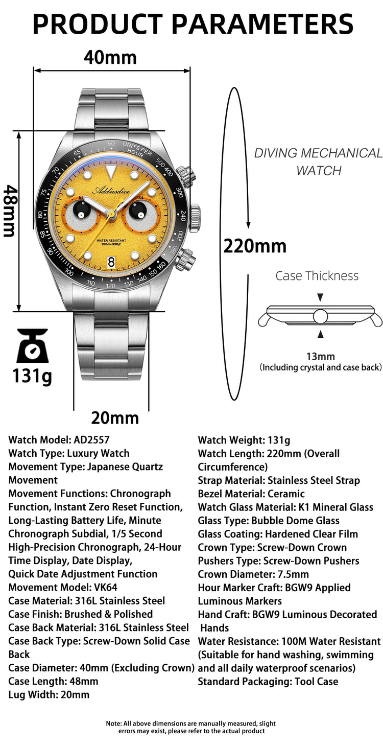 ADDIESDIVE VK64 Quartz Wristwatch Ceramic Bezel Chronograph Calendar Luxury Wristwatches Eyes Dial Bubble Mirror Glass Watches
