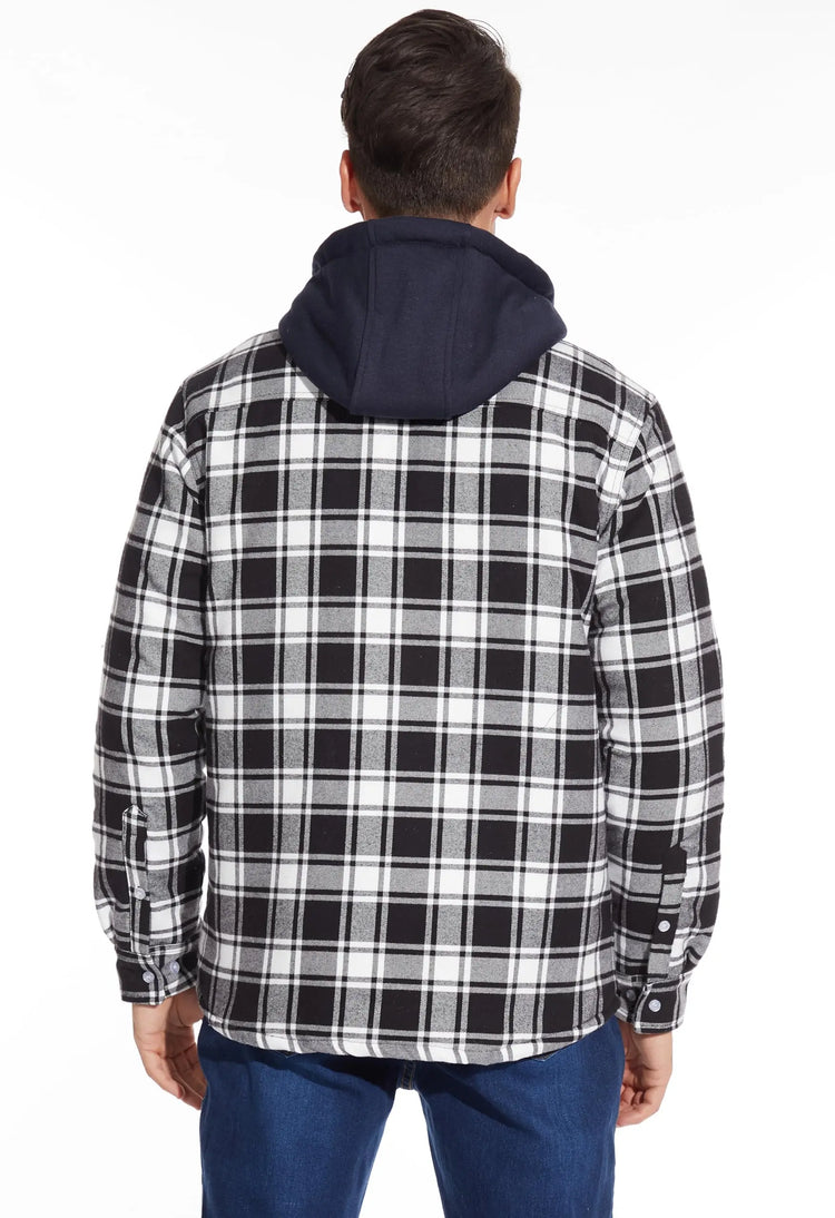 TACVASEN Men's Flannel Shirt Jacket with Removable Hood Plaid Quilted Lined Winter Coats Thick Hoodie Outwear Man Fleece Shirts