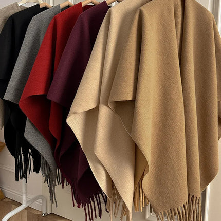 Women Split‑Open Woolen Tassel Poncho Shawl Thick Warm Cape Coat Autumn Winter Travel Photography Outer Wrap