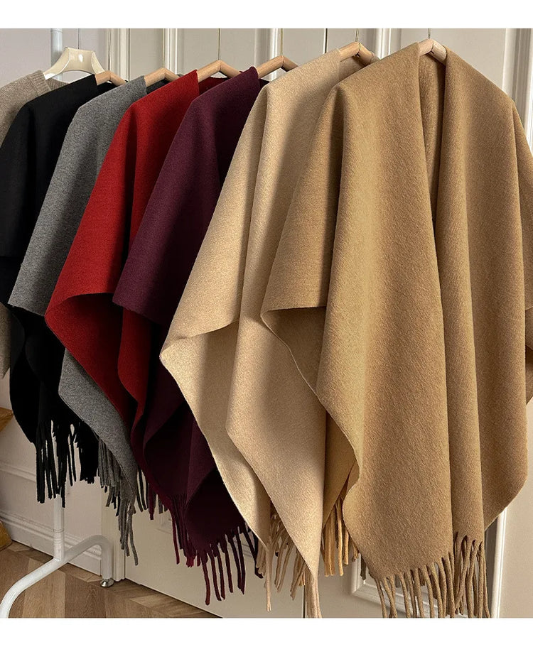 Women Split‑Open Woolen Tassel Poncho Shawl Thick Warm Cape Coat Autumn Winter Travel Photography Outer Wrap