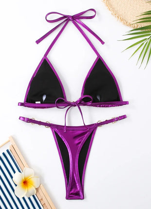 Micro Bikini Rosa Lucido da Donna, Sexy con Perle in PU, Push-Up, Perizoma, Costume da Bagno Estivo, con Lacci, per Vacanze PlatiNum