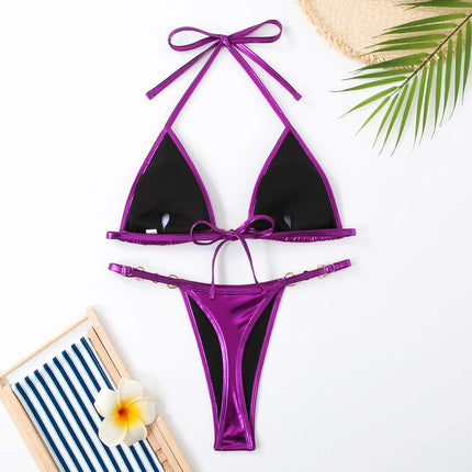 Micro Bikini Rosa Lucido da Donna, Sexy con Perle in PU, Push-Up, Perizoma, Costume da Bagno Estivo, con Lacci, per Vacanze PlatiNum