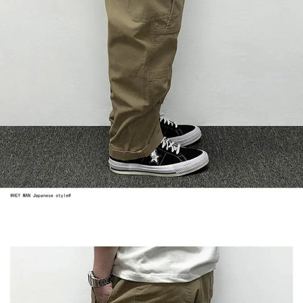 Autumn Men's Pants Multi-Pocket Cargo Pants Retro Solid Color Simple Loose Button Elastic Strap Casual Pants