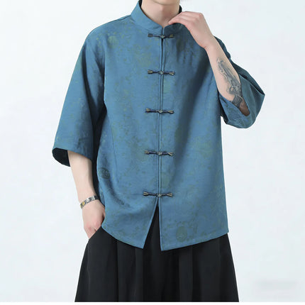 Camicie Estive da Uomo in Stile Cinese Tradizionale, Camicia Casual Kung Fu Tai Chi, Camicia di Lusso Jacquard Traspirante a Maniche Corte