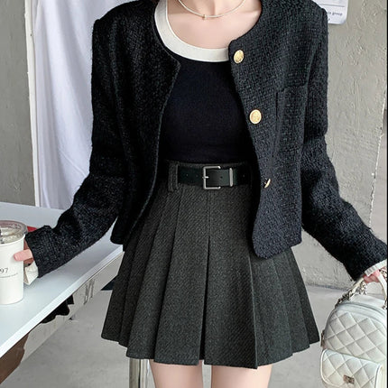 Vintage Winter Pleated Mini Skirt Women Streetwear High Waist Woolen Cute Skater Skirts With Shorts Belt Grey Black Skirt Woman PlatiNum