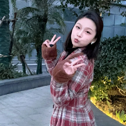 Women's Double Breasted Plaid Coat, Woolen Jacket , V-Neck, Loose Tops, Female Clothes, Sweet, New, Autumn, Winter