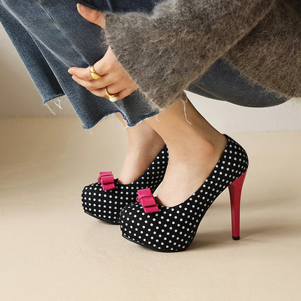 Sexy Super High Heels Women Platform Pumps Polka dot Bow Party Dress Shoes Woman Elegant Wedding Shoes Female 12cm Stilettos PlatiNum