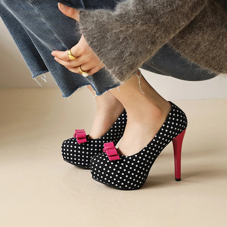Sexy Super High Heels Women Platform Pumps Polka dot Bow Party Dress Shoes Woman Elegant Wedding Shoes Female 12cm Stilettos PlatiNum