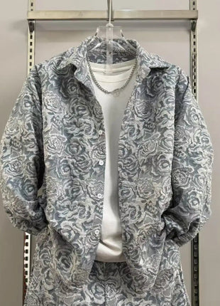 New Spring and Autumn Men's Casual Suit Lapel Jacquard Shirt Trousers Two-piece Set Comfortable Loose PlatiNum
