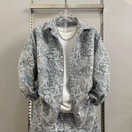 New Spring and Autumn Men's Casual Suit Lapel Jacquard Shirt Trousers Two-piece Set Comfortable Loose PlatiNum