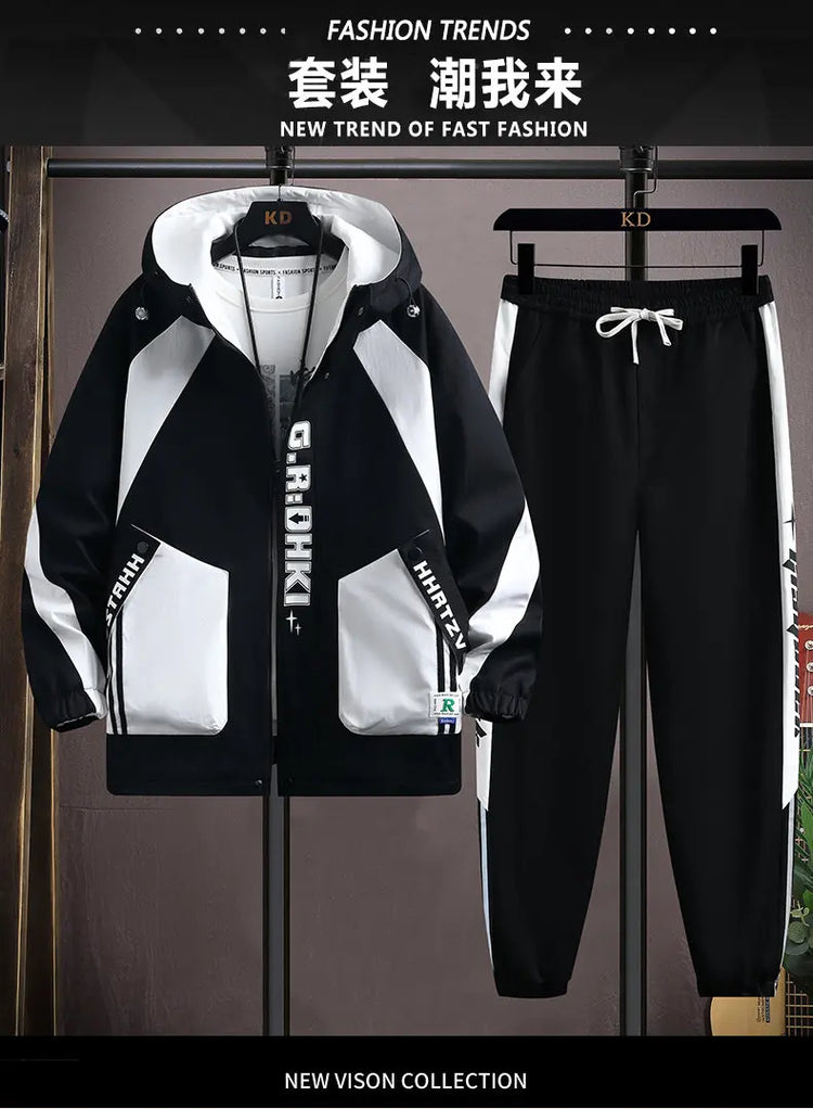 Casual 2-Piece Men's Sets Spring Autumn Streetwear Hooded Jackets & Jogger Tracksuits Outdoor Coats And Drawstring Pant Clothing