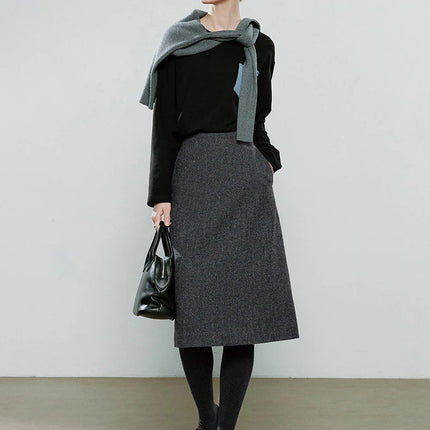 TOYOUTH Women Midi Skirts 2025 Winter NewAsymmetric Dark Gray Speckled Wool Blend Office Pencil Midi Skirt PlatiNum