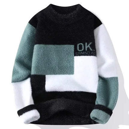 2024 New Men's Plush Sweater Pullovers Korean Winter Warm O Neck Black Sweater High Quality Cool Top Fashionable Men's Clothing