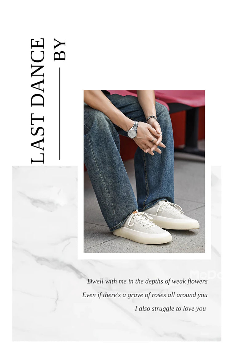 Men's Linen Canvas Platform Sneakers, Breathable Low‑Top Casual Skate Shoes, Retro Contrast Tan Trim Design, Soft Cushioned Thic