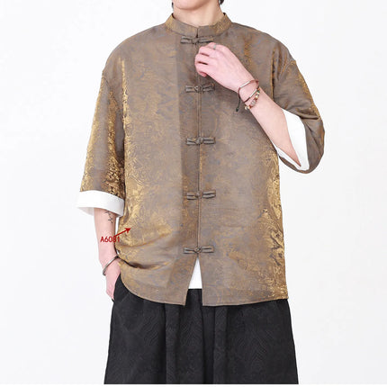 Camicia da Uomo di Lusso con Sfumature Colorate, Jacquard a Maniche Corte, Stile Cinese Tradizionale, Fresca per l'Estate, in Seta Ghiaccio