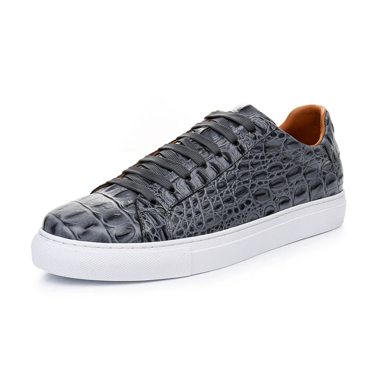 Leather Sneakers Men Calfskin Alligator Pattern Casual Shoes Lace Up Flats Daily Footwear