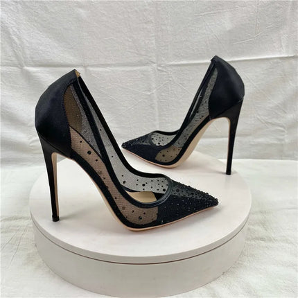 Scarpe con strass in rete traspirante Donna 8CM 10CM 12CM Décolleté a spillo Moda Punta a punta Serata estiva Tacchi alti Nero