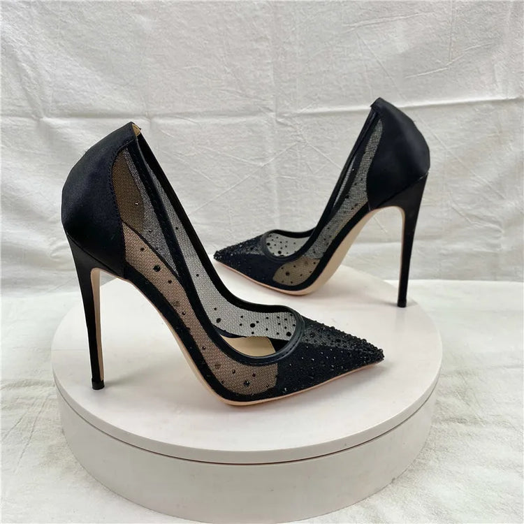 Scarpe con strass in rete traspirante Donna 8CM 10CM 12CM Décolleté a spillo Moda Punta a punta Serata estiva Tacchi alti Nero