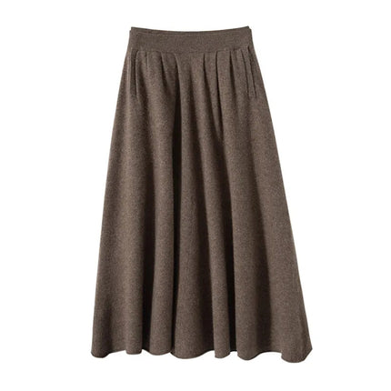 Classic Autumn Winter Wave Skirt 100% Cashmere Skirt Women A-Line Skirt Female Double Elastic Waist Pocket Warm Knit Long Dress PlatiNum