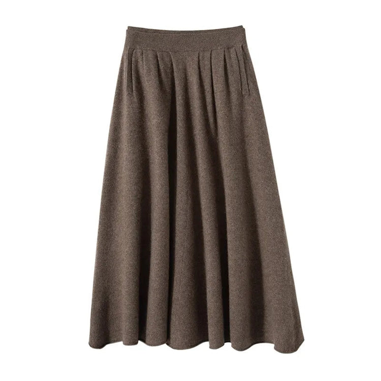Classic Autumn Winter Wave Skirt 100% Cashmere Skirt Women A-Line Skirt Female Double Elastic Waist Pocket Warm Knit Long Dress PlatiNum
