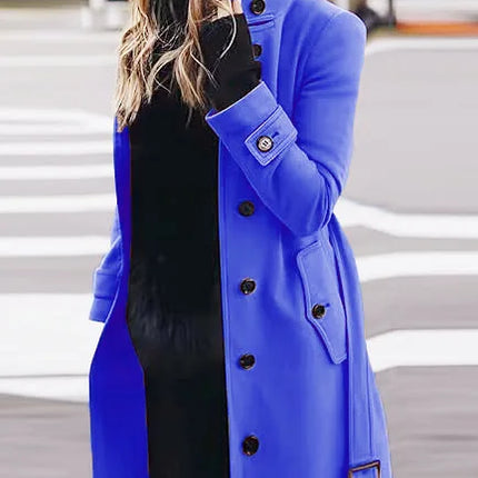 New Solid Color Button Long Wool Coat Autumn Warm Stand Collar Women Coat Fashion Ladies High Neck Pocket Belt Trench Coat