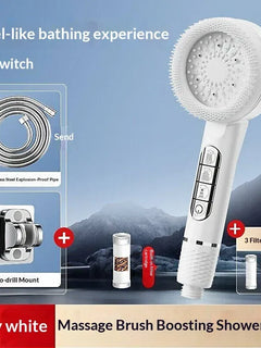 Soffione doccia autopulente a 4 modalità con spazzola in silicone, arresto acqua con un tasto, massaggio ad alta pressione, soffione in ABS con filtro