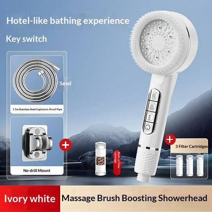 Soffione doccia autopulente a 4 modalità con spazzola in silicone, arresto acqua con un tasto, massaggio ad alta pressione, soffione in ABS con filtro