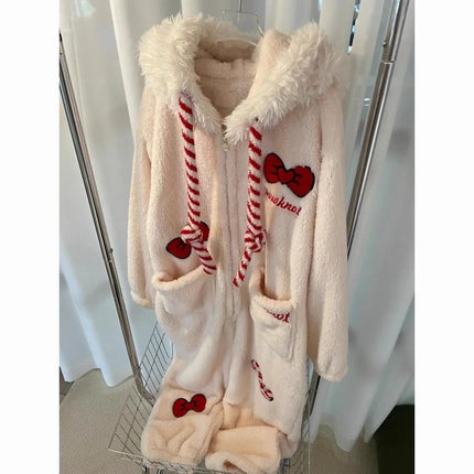 Rompers Onesies Anime Pajamas Y2K Kawaii Bow Rabbit Hooded Sleepwear Women Winter Thick Warm Fleece Sweet Cute Home Outfit Women