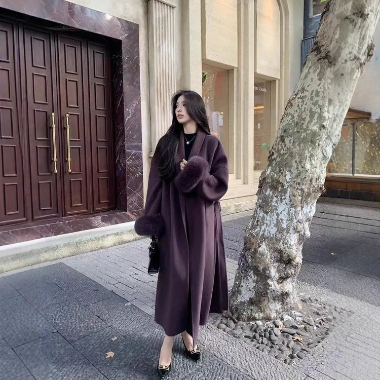 Lace Up Lapel Cashmere Wool Coat For Women's Winter Fashion Female Woolen Jackets Fur Long Sleeve Loose Overcoats