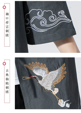 Camicie gru ricamate stile cinese retrò cotone lino Tang vestito Cardigan Mens tradizionale Kung Fu Tai Chi Casual Top camicette