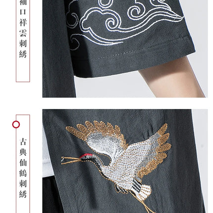 Camicie gru ricamate stile cinese retrò cotone lino Tang vestito Cardigan Mens tradizionale Kung Fu Tai Chi Casual Top camicette