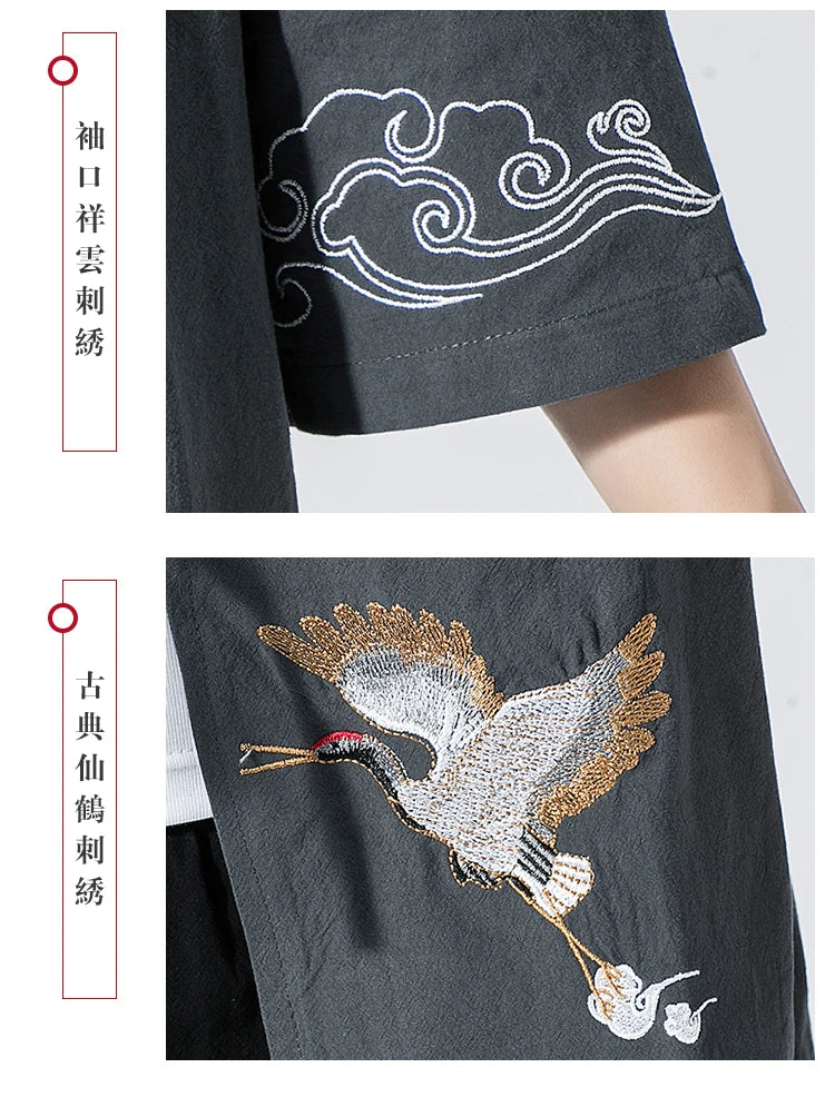 Camicie gru ricamate stile cinese retrò cotone lino Tang vestito Cardigan Mens tradizionale Kung Fu Tai Chi Casual Top camicette