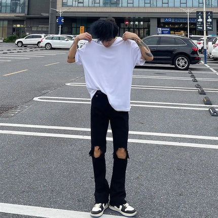 American High Street Zipper Ripped Raw Edge Black Jeans Men's fashion Loose Straight Leg Long Pants Casual Streetwear Jean PlatiNum