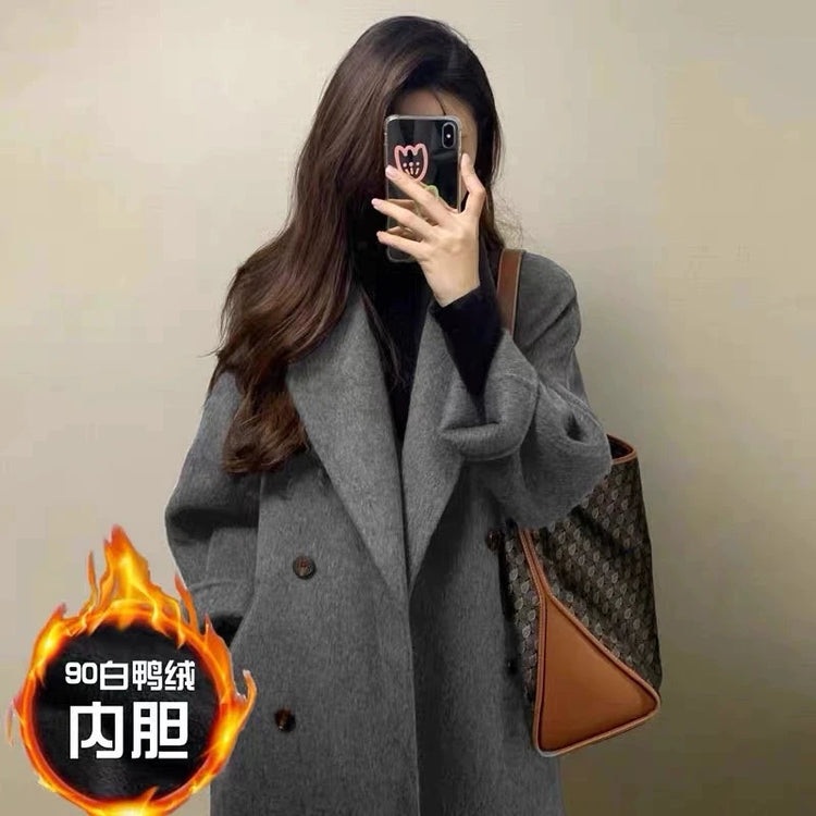 Grey Double-sided Cashmere Coat Women's 2026 Winter New Korean Version Loose Thick Down Woolen Coats Solid Casual Long Overcoat