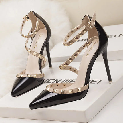 Semplice Sexy discoteca danza tacchi sottili tacchi alti bocca superficiale rivetto a punta sandali Casual vuoti tacchi alti da donna classici platinumshop
