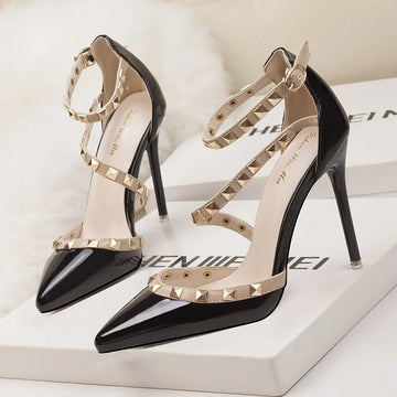 Semplice Sexy discoteca danza tacchi sottili tacchi alti bocca superficiale rivetto a punta sandali Casual vuoti tacchi alti da donna classici platinumshop