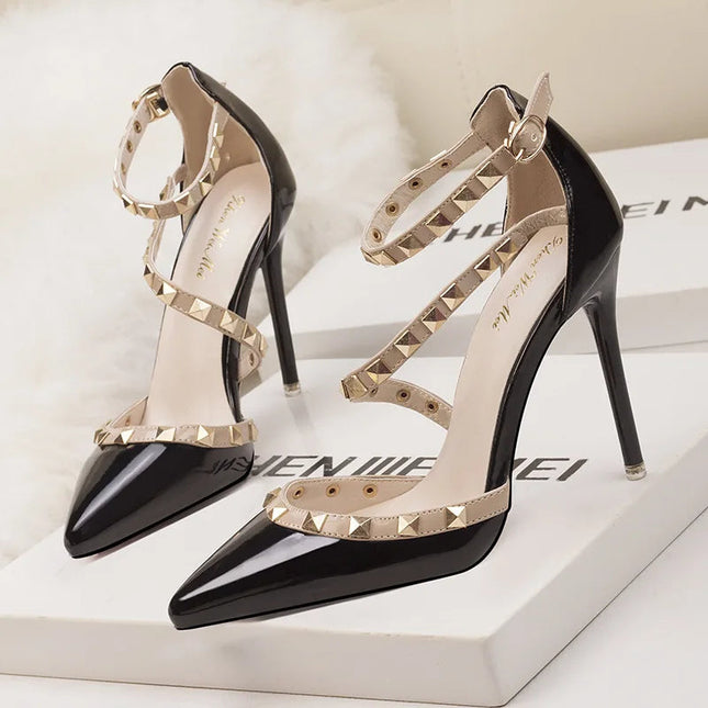 Semplice Sexy discoteca danza tacchi sottili tacchi alti bocca superficiale rivetto a punta sandali Casual vuoti tacchi alti da donna classici platinumshop