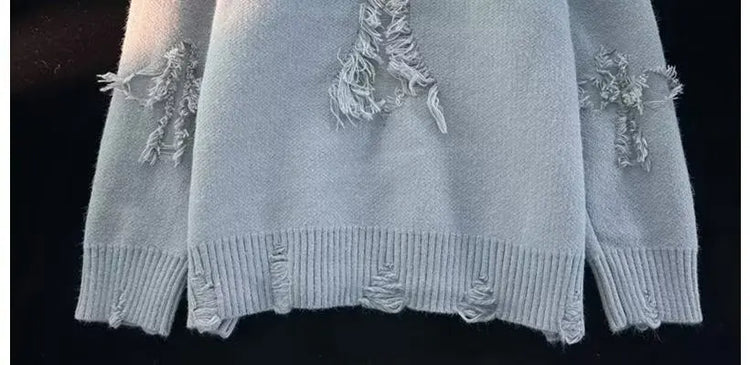 2026 Street Style Broken Holes Sweaters for Men Autumn Winter Thick Knitted O Neck Pullovers Vintage Casual Couple Sweater Coats