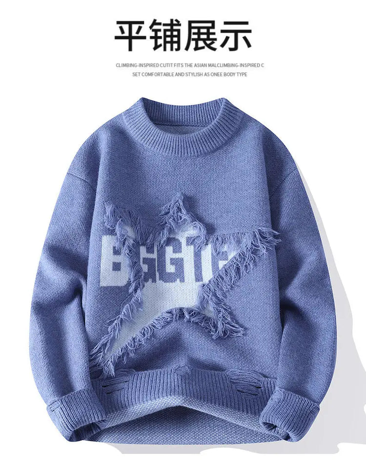 Edgy Star Fringe Knit Sweater – Distressed Lettering Crewneck for Men
