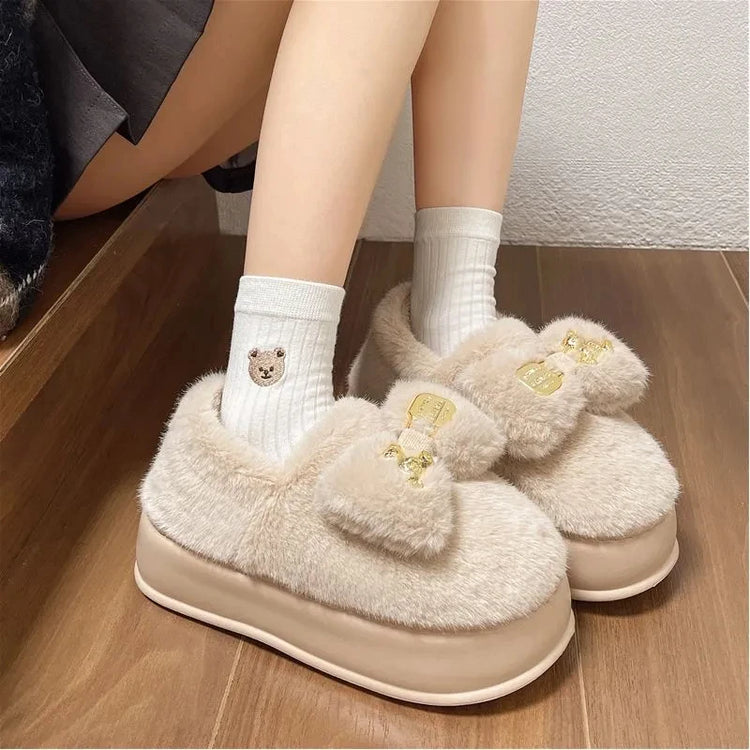 New Pink Bow Slippers Winter Women's Shoes Thick Sole Fuzzy Slippers for Home Mules Shoes Woman Fluffy Metal Bear House Slipper