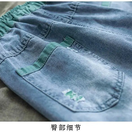 Jeans Strappati a Nove Punti da Donna, Nuovi Pantaloni Harem Casual Sottili con Vita Elastica, Lunghi alla Caviglia, in Denim, per l'Estate 2026