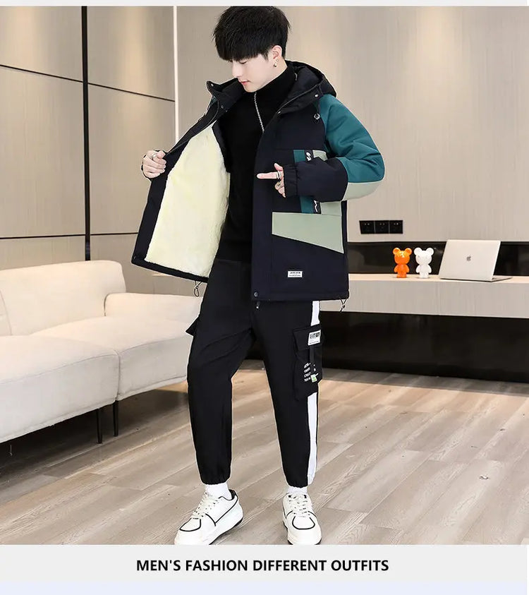 Men's Casual Wool Lined Thickened Hooded Set Fashionable Warm Sweatshirt Jacket Trendy Autumn Winter Men 2 Piece