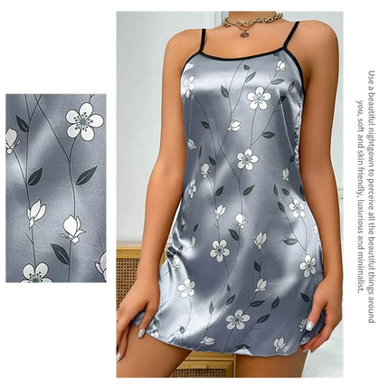 Women's Nightwear Summer Floral Print Satin Nightgown Casual Sleeveless Backless Nightdress Sexy Nightwear Home Clothes