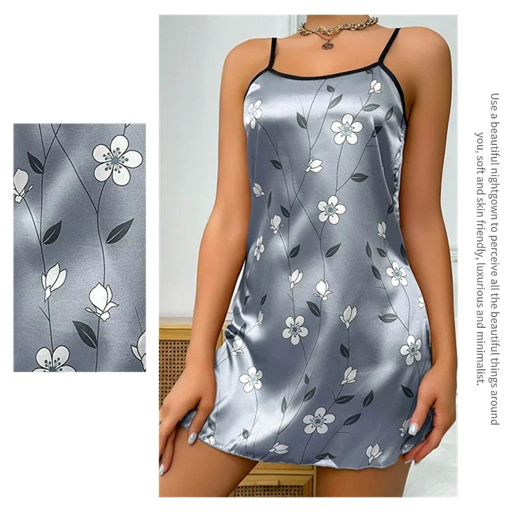Indumenti da notte da donna Camicia da notte estiva in raso con stampa floreale Camicia da notte casual senza maniche senza schienale Camicia da notte sexy Abiti per la casa