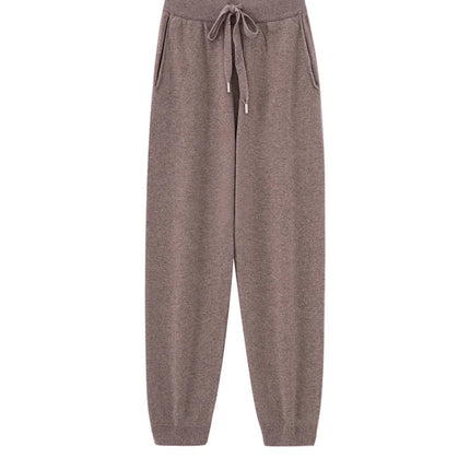 2024 Autumn And Winter New 100% Pure Wool Flat Small Foot Pants Women Loose High Waist Lean Knitted Cashmere Bunched Foot Pants PlatiNum