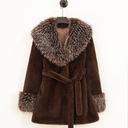 ZADORIN Luxury Long Mink Coat Faux Raccoon Fur Collar Warm Black Fur Coat Woman Elegant Belted Faux Fur Jacket Winter Outerwears