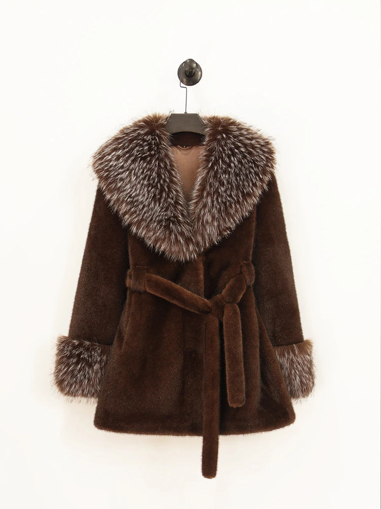 ZADORIN Luxury Long Mink Coat Faux Raccoon Fur Collar Warm Black Fur Coat Woman Elegant Belted Faux Fur Jacket Winter Outerwears