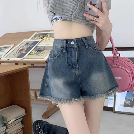 Women's retro vintage high waisted denim shorts thin casual summer with fringed edges slim and spicy A-line wide leg hot pants PlatiNum