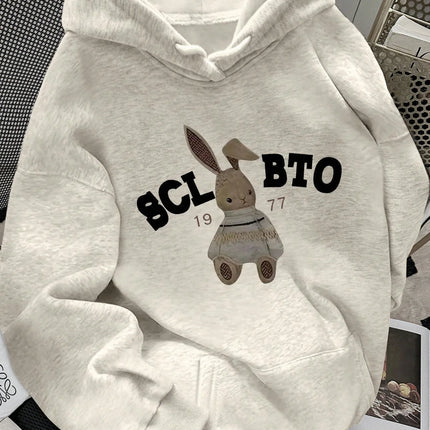 Plus Size 2025 Autumn Winter Women's Hooded Sweatshirt Long Sleeve Solid Color with Cute Little Dog Print Pullover